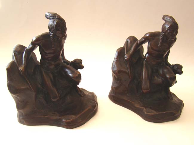A fine pair of Indian warrior with his dog bookends by Jennings Brother circa 1930